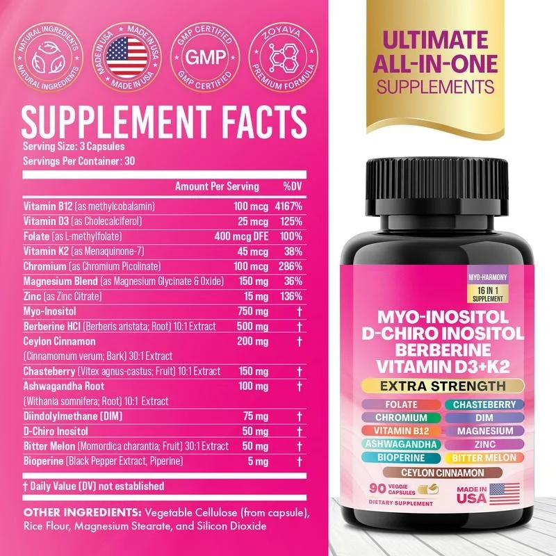 90 Capsules Myo Inositol Supplement 750mg, Berberine 500mg, D-Chiro Inositol 50mg, Folate 400mcg, Ashwagandha 100mg