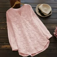 Embroidery Lace Cotton Linen Casual Women Blouse Fashion Loose White Elegant Shirt Plus Size V Neck Tops Long Sleeve S-5XL - Image 4