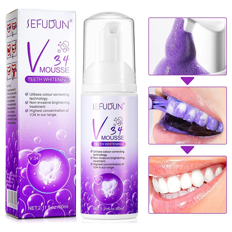 

V34 Teeth Whitening Mousse Purple Toothpaste Whitening Repairing Repair Bleached Yellow Stains Fresh Breath Effective Oral Care