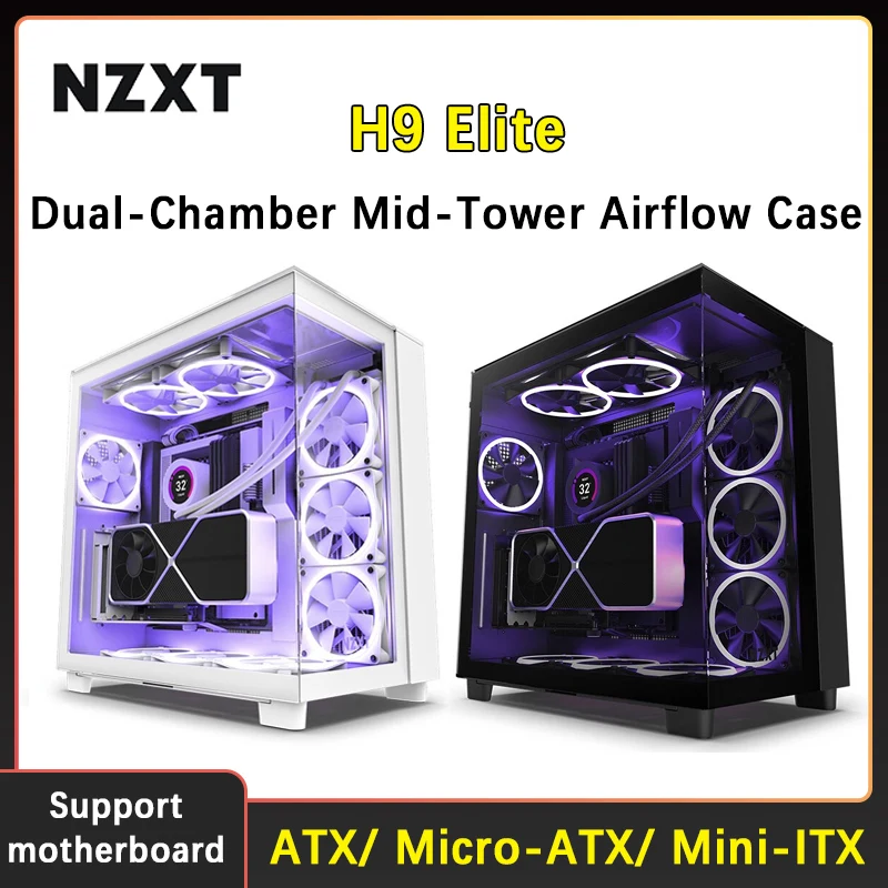 Nzxt H9 Elite Dual-Chamber Mid-Tower Airflow Case A Tre Lati 360 ° Raffreddato Ad Acqua Sea View Room Pannello Laterale In Vetro Temperato Pc Gamer