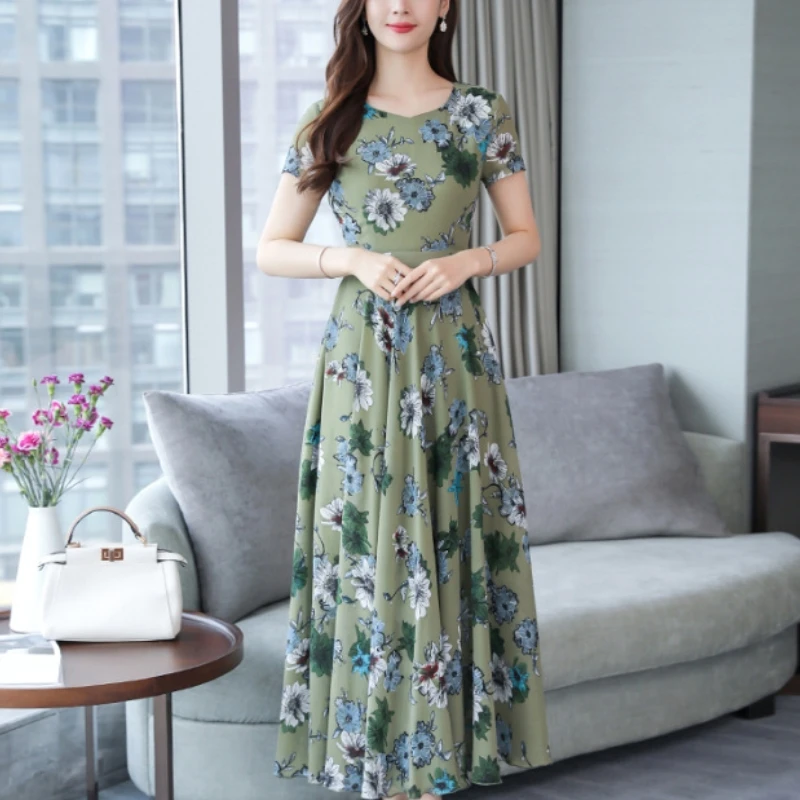 반팔 플라워 원피스 프린트 여성 하이웨이스트 무릎 스커트, A라인 미디 원피스, 귀여운 한국 버전, 2024 여름 신상