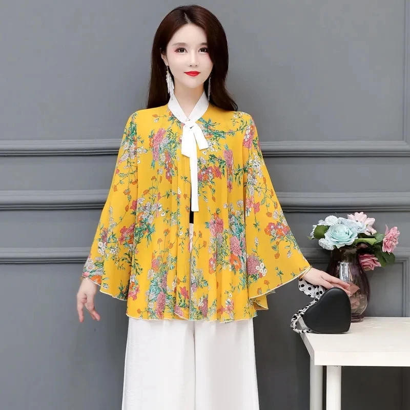 

Summer Chiffon Sun Protection Clothes Women Loose Print Bat Cloak Shirt Thin Cardigan Shaw Coat Short Sunscreen Shirts