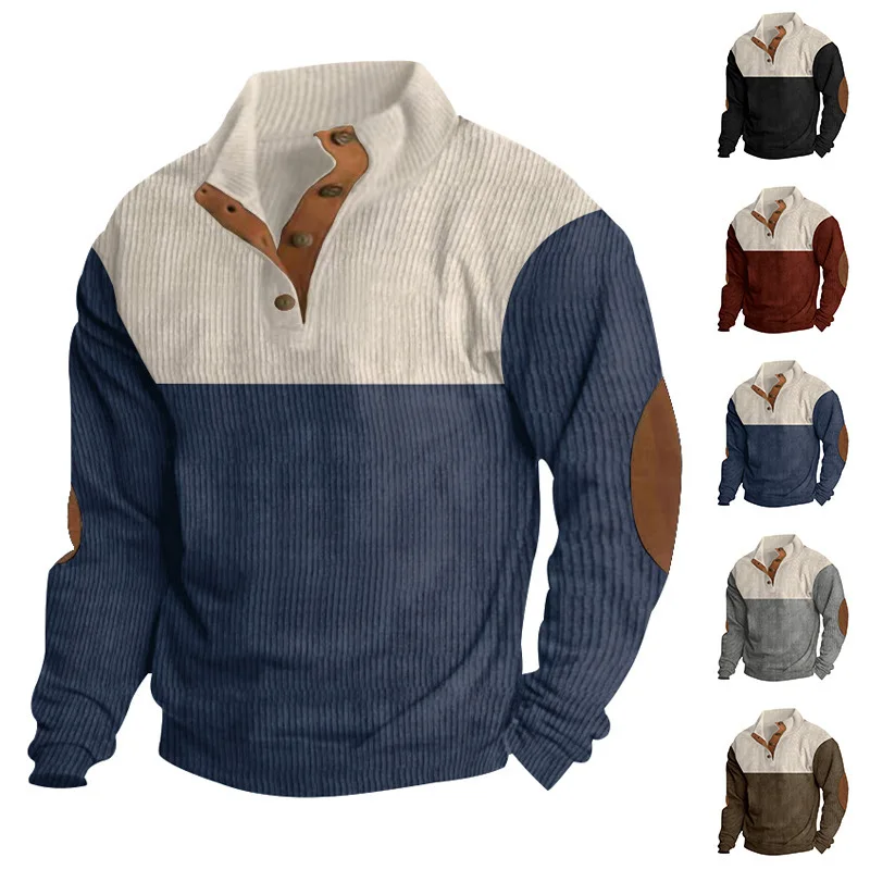 Men's Hoodies Spring And Autumn Corduroy Casual Patchwork Stand Collar Button Sports Hoodie Man Clothing