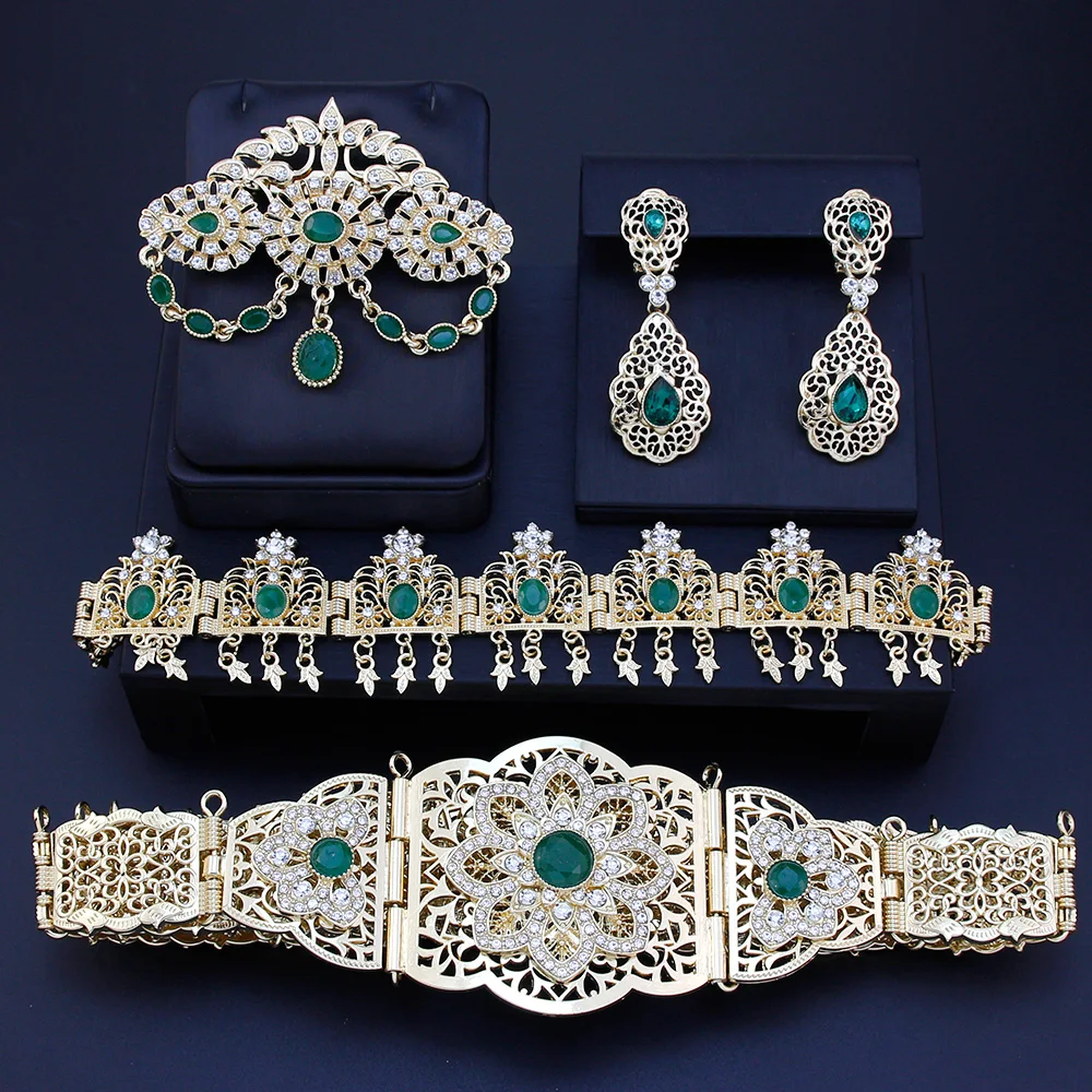 Sunspicems Chic Morocco Bride Jewelry Sets Gold Color Arabic Caftan Belt Brooch Earring Hairchain Wedding Bijoux bridal jewelry sets crystal jewelry sets hair chain jewelry
