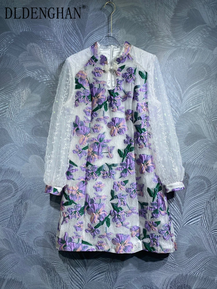 

Летнее жаккардовое платье DLDENGHAN, женское элегантное короткое платье с воротником-стойкой и бусинами, модное дизайнерское платье, новинка