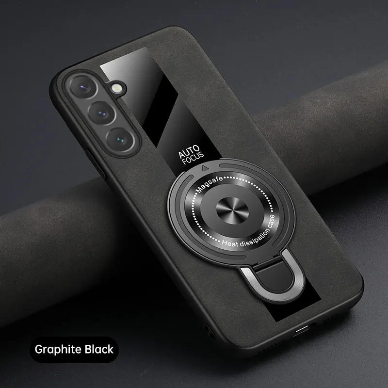 Luxury Magnetic Ring Holder Case - Premium Silicone & Sheepskin Leather Shockproof Cover with Plexiglass
