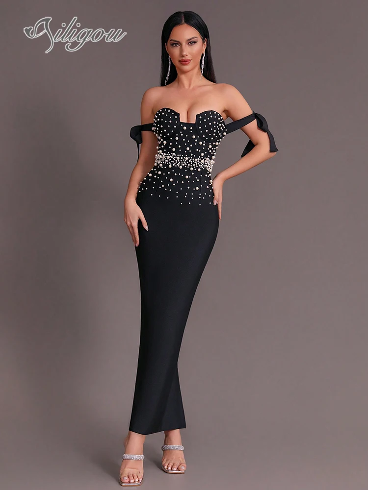 

Ailigou 2024 New Summer Women's Black Sexy Off Shoulder Luxury Pearl Tight Long Bandage Dress Elegant Celebrity Party Dress