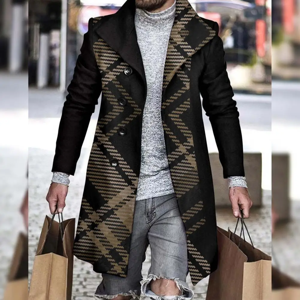 Woolen Overcoat Stylish Soft Mid-Length Men Classic Plaid Print Long Type Thickened Windbreaker for Trip