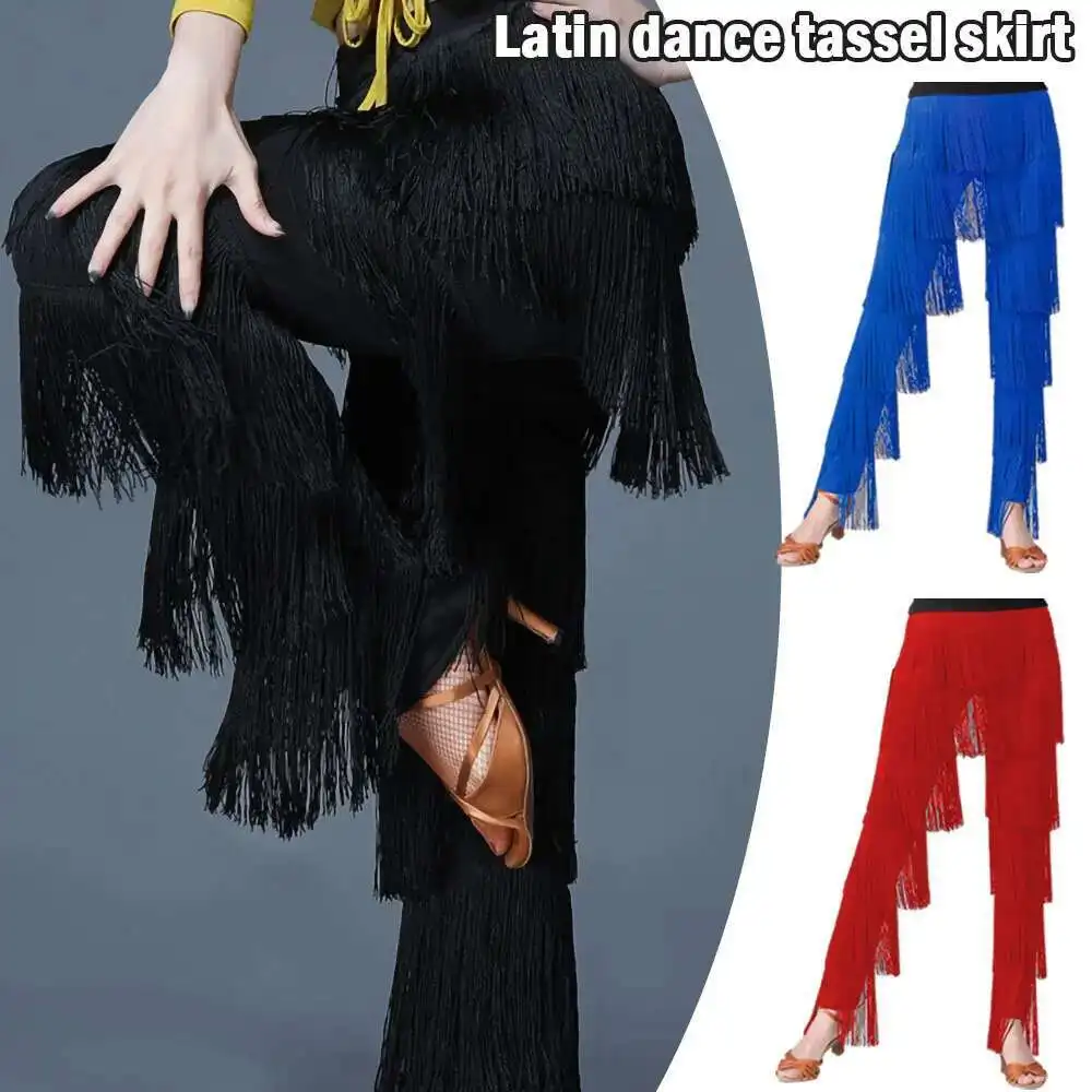Dance Pants Womens Dancewear Elastic Waistband Tassel Latin Dance Tango Cha-Cha Performance Costume Tiered Fringed Trousers