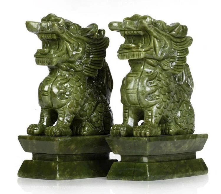 

A Pair 100% Natural China Green Jade Carved Fengshui Kylin Qilin Chi-lin Beast