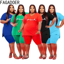 

FAGADOER Plus Size Two Piece Set L-5XL Sexy V Neck PINK Letter Print Top + Short Female Casual Summer Outfit Larger Size Clothes