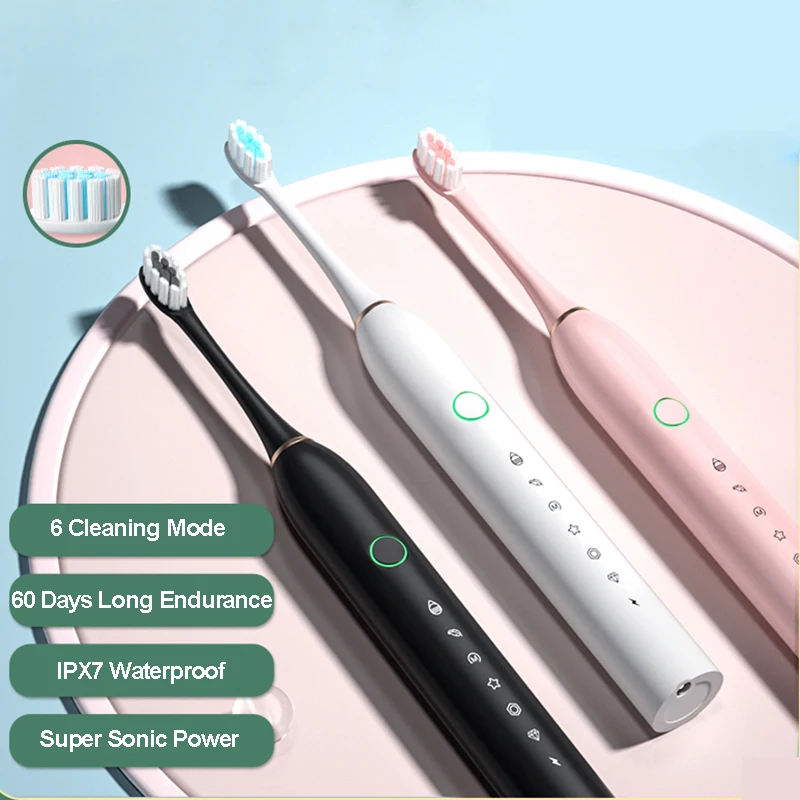 

Sonic Electric Toothbrush Adult Timer Teeth Whitening Brush 6 Mode USB Rechargeable Tooth Brushes Replacement Heads Toothbrushes