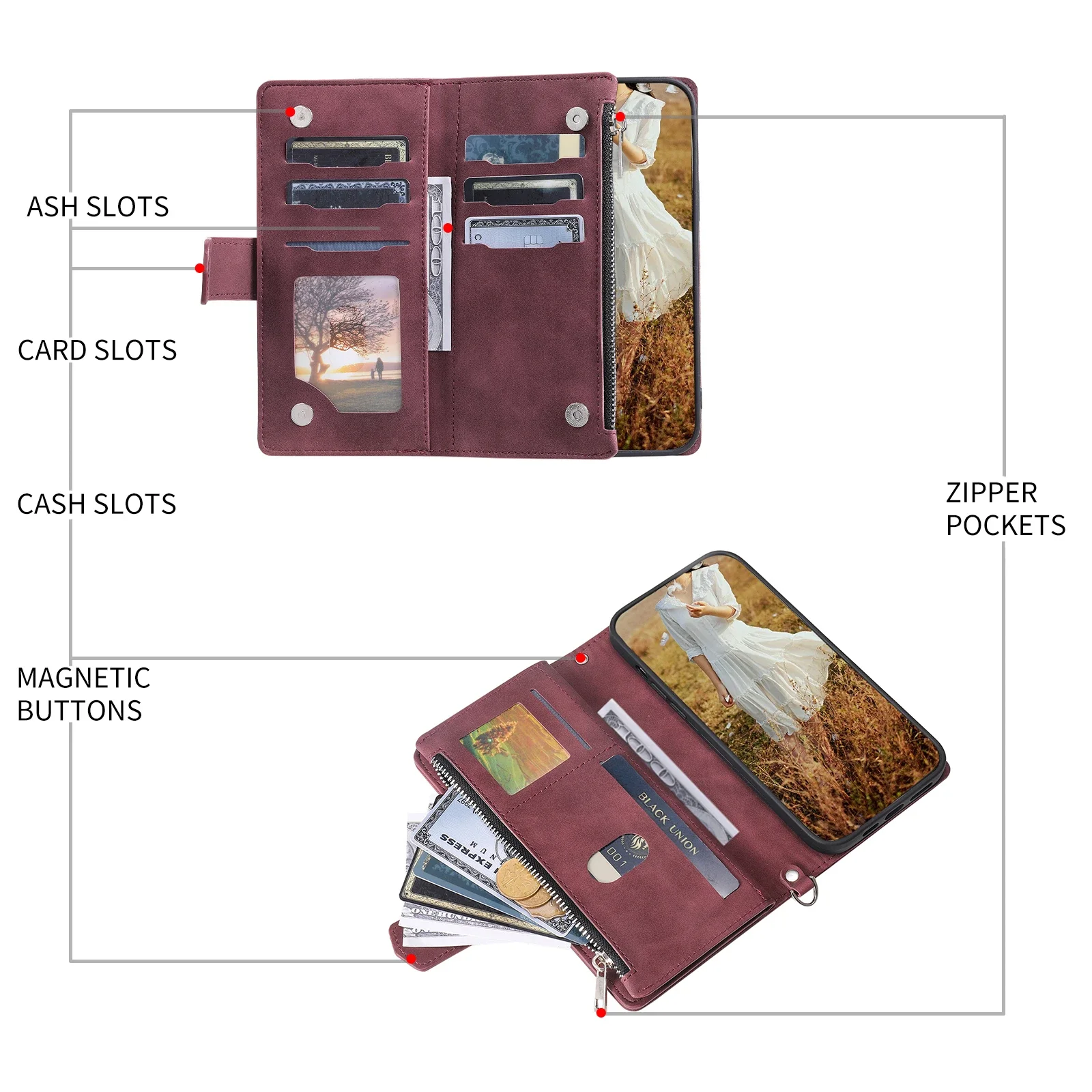 Leather Crossbody Flip Zipper Wallet Phone Case with Lanyard Cover