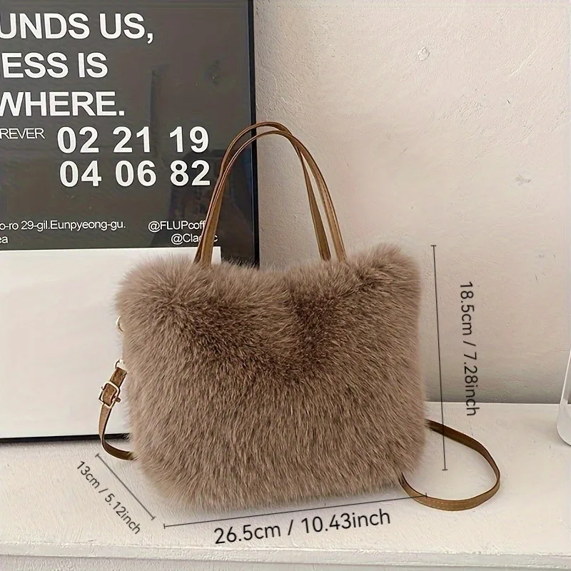 Chic Faux Fur Handbag with Detachable Strap Casual & Formal Occasions Women's Tote Bag, Stylish Fur Plush Shoulder Crossbody Bag