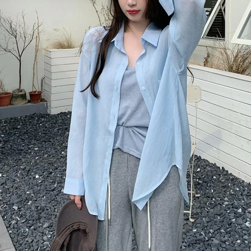 

Блузка женская свободного кроя средней длины, однобортная Однотонная рубашка с лацканами и длинным рукавом, топ для тонкого солнца, лето