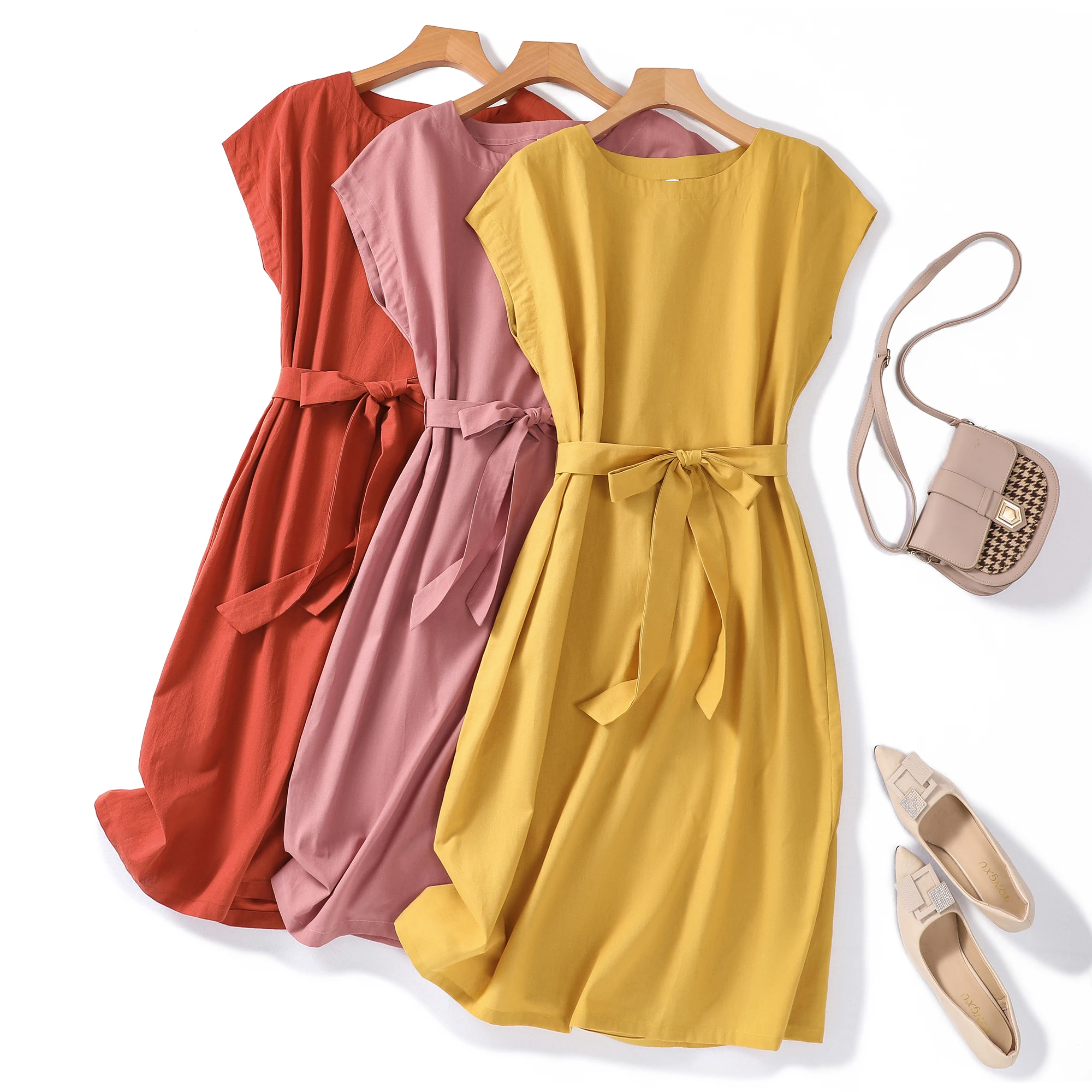 

2023 New Arrival Cotton Loose Summer Dress Bow Belt Office Lady Work Dress Fashion Women Travel Style Casual Dress