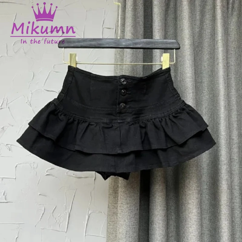 Harajuku Girl High Waist Single-Breasted Ruffles Cake Denim Skirt Woman Summer Sexy Jeans Skirts Students Kawaii Pleated Skirt 2