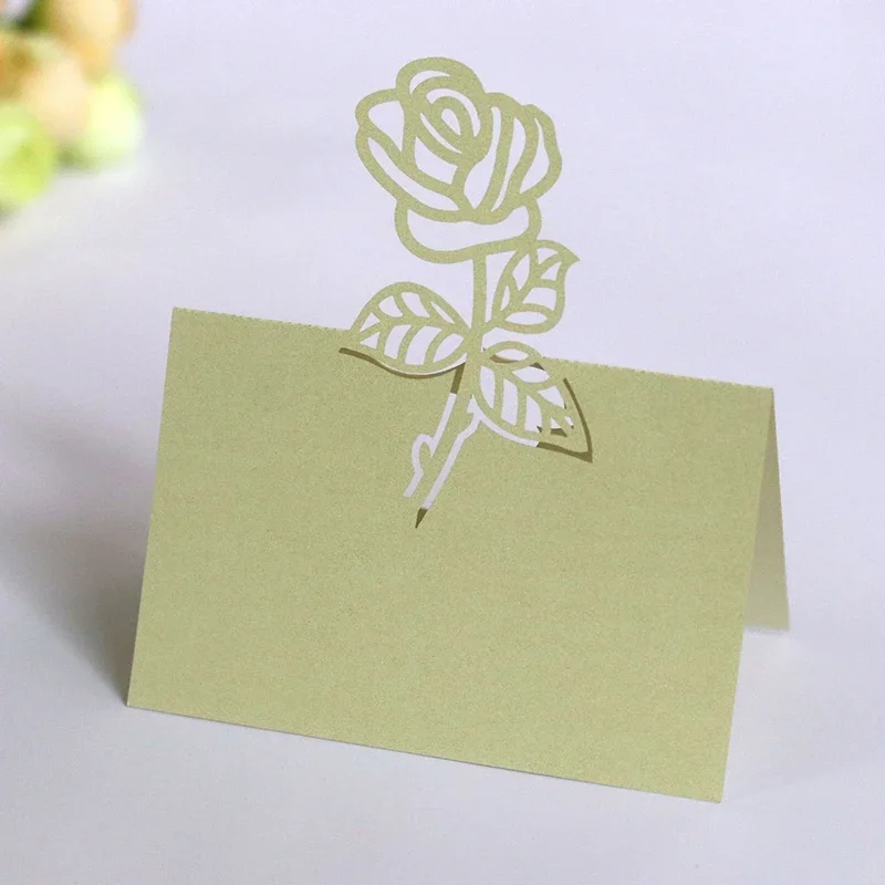 50 Pcs/Set Rose Flower Hollow Pattern Place Card Wedding Decoration Table Numbers Name Fold Card Birthday Party DIY Supplies