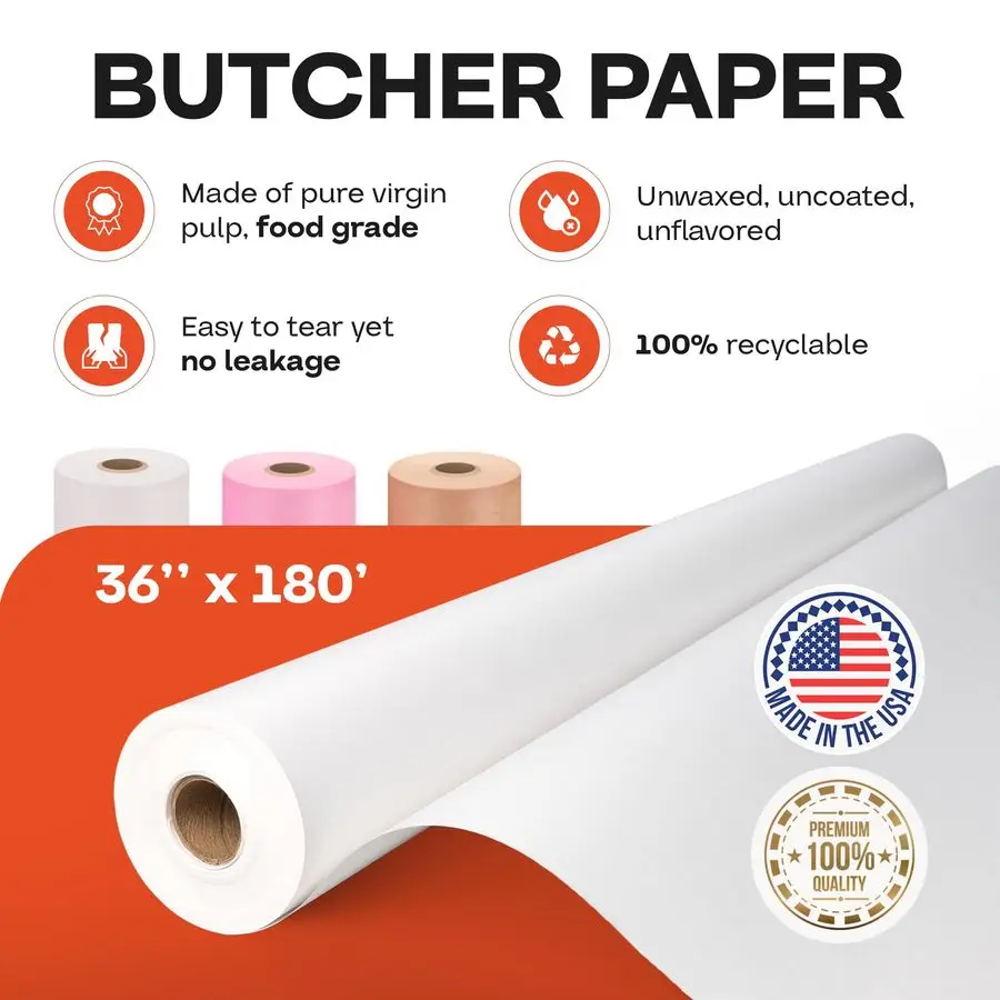 White Butcher Paper 36 x 2160 180 feet USAMade Natural Butcher Paper Roll for Meat and Fish Uncoated, Unwaxed amp FoodGrade Mate