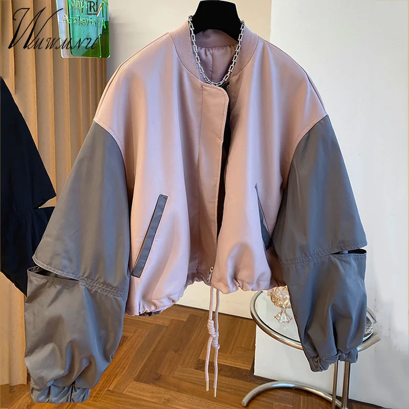 

Streetwear Patchwork PU Bomber Jackets Women Spring Design Hole Long Sleeves Casual Chaquetas Lined Lace Up Baseball Outerwear