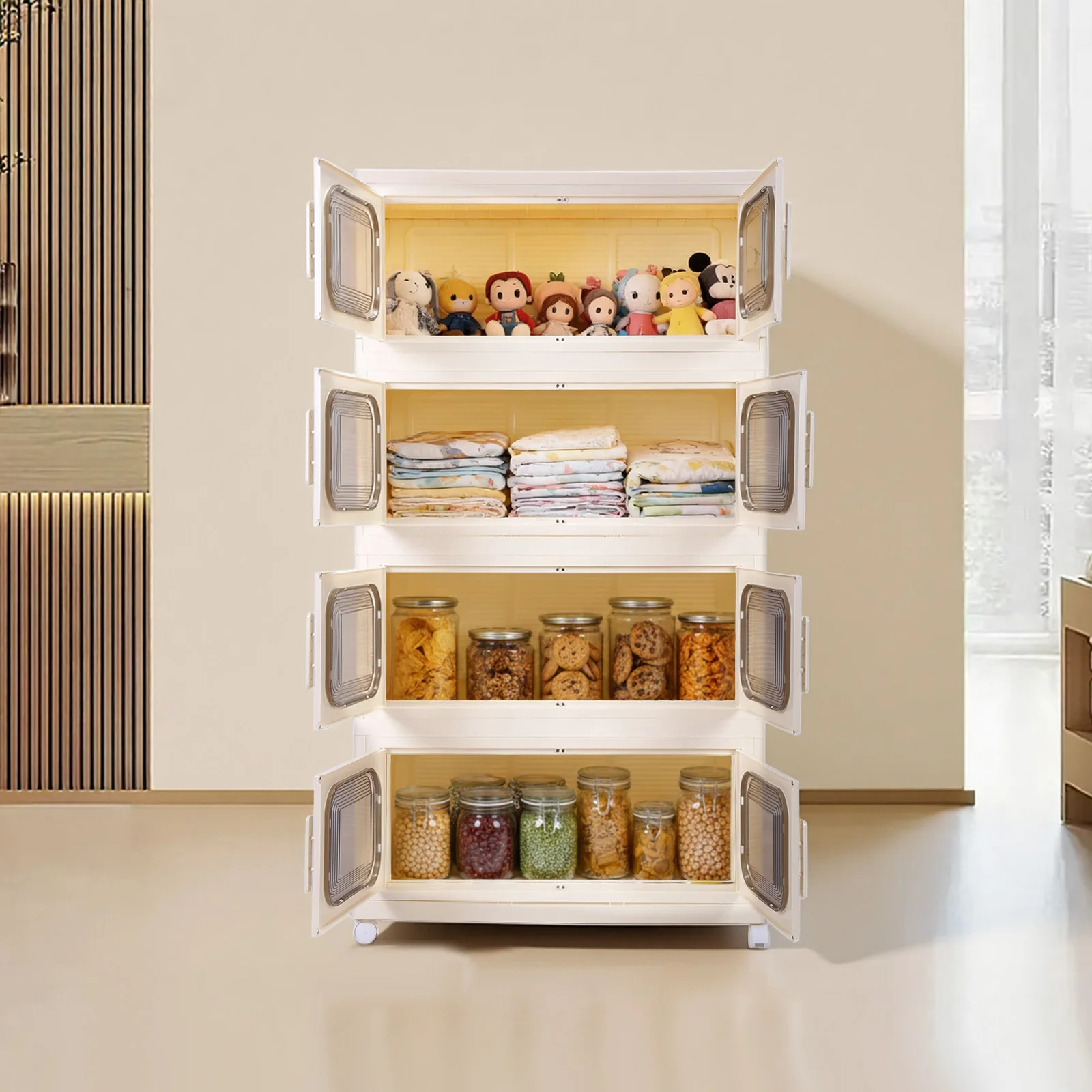 4 Pack Foldable Storage Box with Wheels and Magnetic Doors Plastic Storage Bins Wardrobe Organizer and Pantry for Home