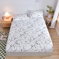White Bed Sheet with Elastic Band Marbling Printed Single/Queen/King Size Fitted Bed Sheets for Double Beds All-around Bed Cover 1