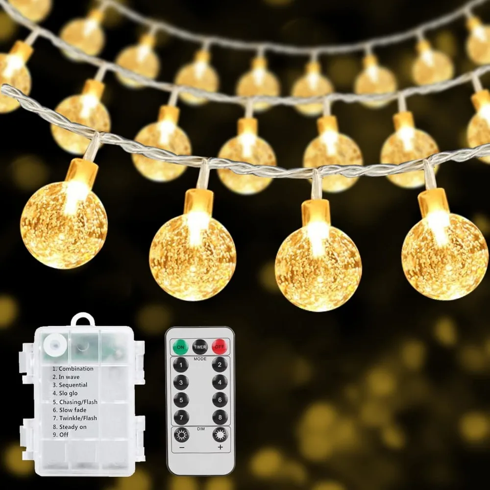 Enchanting LED Crystal Ball Fairy String Lights - Battery Operated with Remote, Waterproof for Outdoor and Holiday Decoration