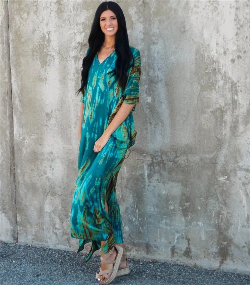 Fashion Casual Striped Print Long Dresses Women Bohemian V-neck Bat Sleeve Loose Slit Beach Dress Summer New Beachwear Vestidos 144 Fashion Casual Striped Print Long Dresses Women Bohemian V-neck Bat Sleeve Loose Slit Beach Dress Summer New Beachwear Vestidos