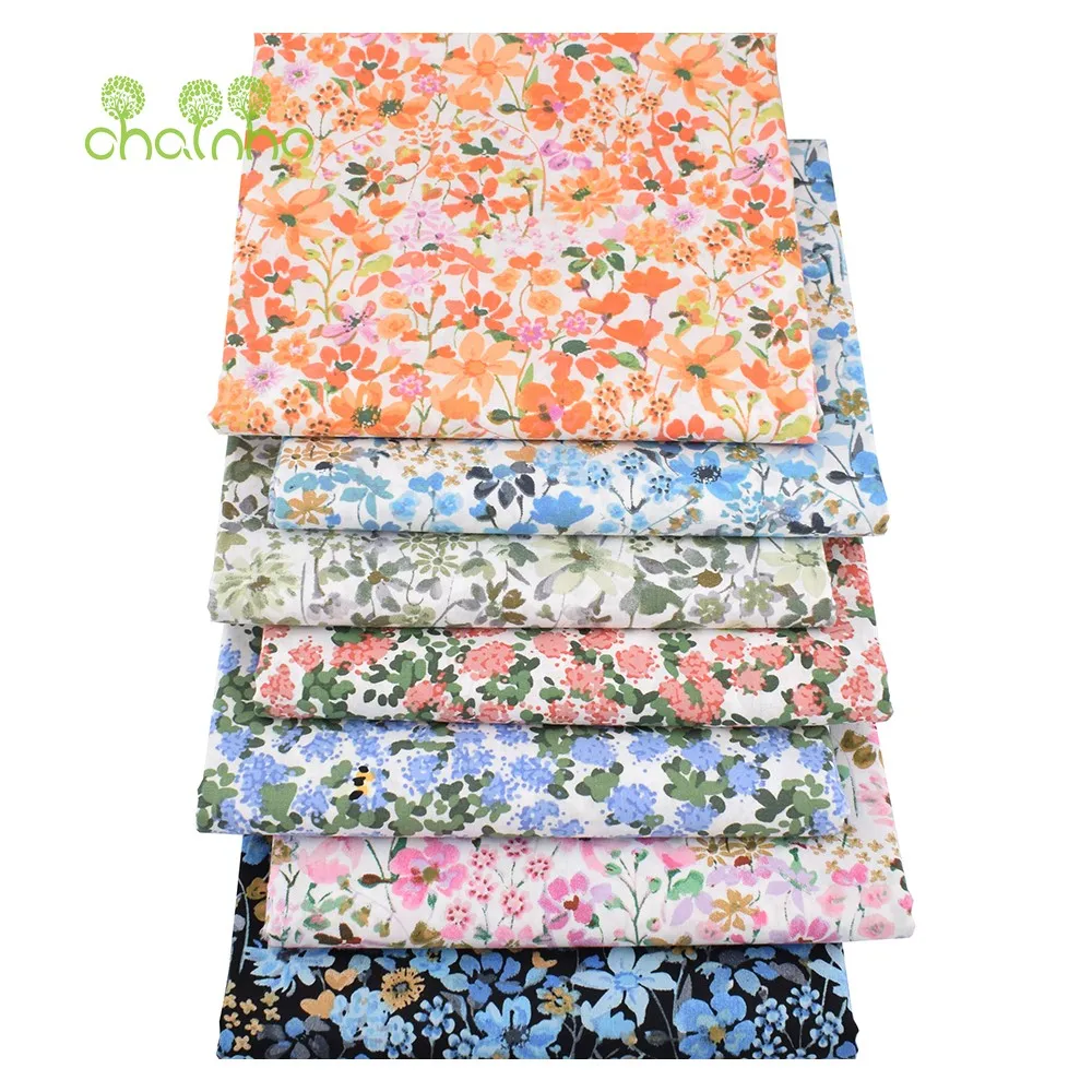 Chainho,Printed Plain Weave Poplin Cotton Fabric,DIY Quilting Sewing Material,Patchwork Cloth,Floral Series,3 Sizes,15PC162