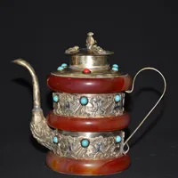Old Chinese tibet silver inlay red jade handcarved dragon pots wine pot 1