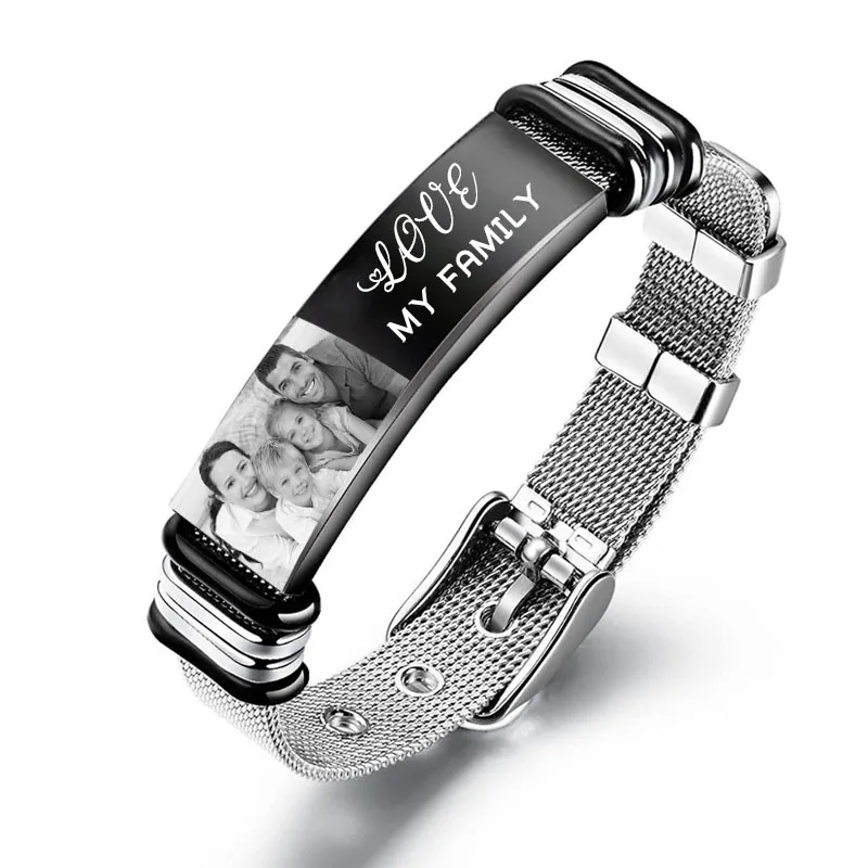 Custom Stainless Steel Bracelet for Men Personalized Engraved Photo Text Bracelets Adjustable Men's Family Bracelet Gifts