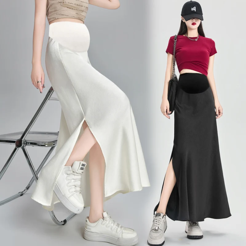 Summer French Style Pregnant Woman Retro Belly Skirts Acetate Satin Maternity Mermaid Skirt with Slit Pregnancy Fishtail Skirts
