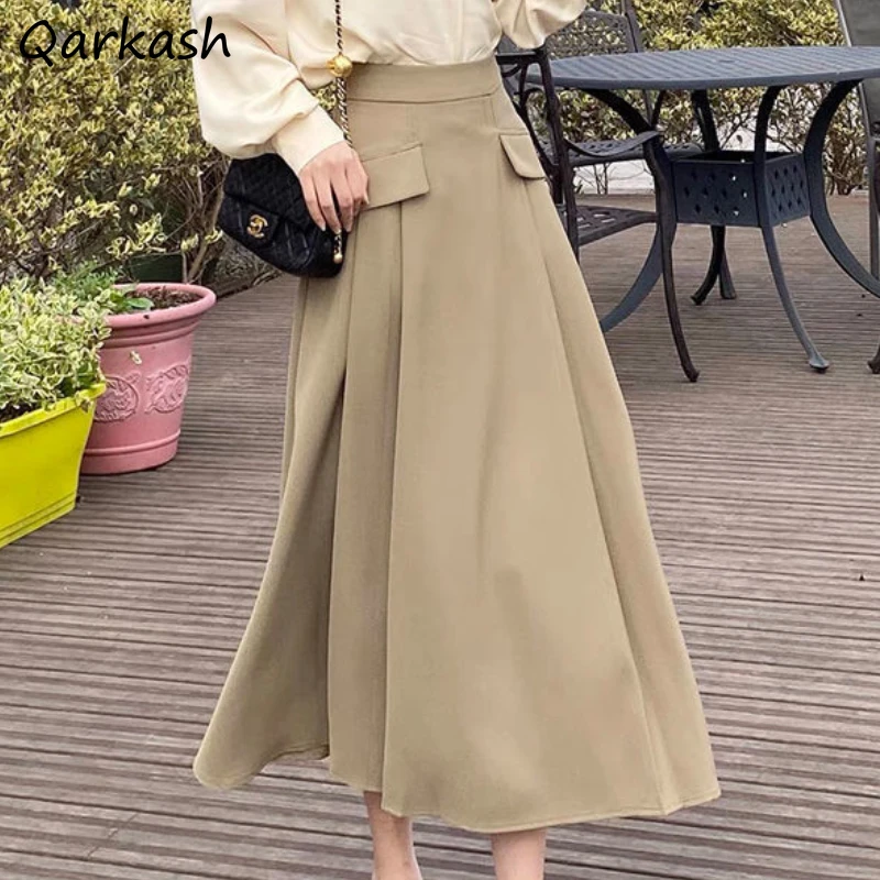 

Midi Pleated Skirts Women Office Lady Solid Vintage High Waisted Faldas Work Wear Minimalist Casual Daily Temper Tender Minority