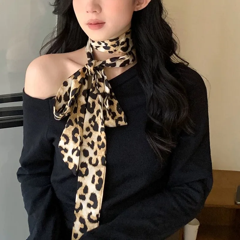 American Leopard Print Long Scarf Women Retro Tie Multifunction Hair Band Bags Handle Decoration Long Scarfs Fashion Accessories 5