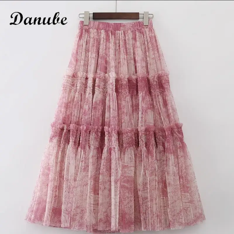 

Korean Tie-dye Patchwork Tulle Long Skirt Women New Summer Elegant Elastic High Waist A-Line Mesh Tutu Pleated Skirt Falda Mujer