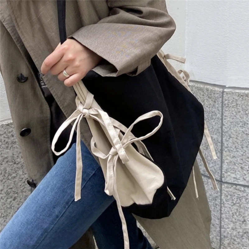 

Women High-capacity Tote Bag Ribbons Splicing Patchwork Shopping Traveling Black Apricot Girls Students Books School Package