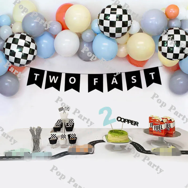 Bandiera Banner Vintage Race Car Birthday Decor Kids Two Fast / Vroom Hanging Flag Black White Racing Car First/2Nd Party Supplies