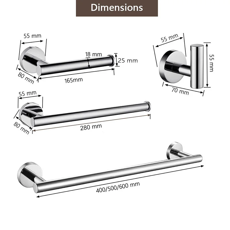 Shining Mirror Bathroom Hardware Set bathroom hardware set Round Towel Bar Toilet Paper Holder Towel Ring Robe Hook Stainless Steel DIY