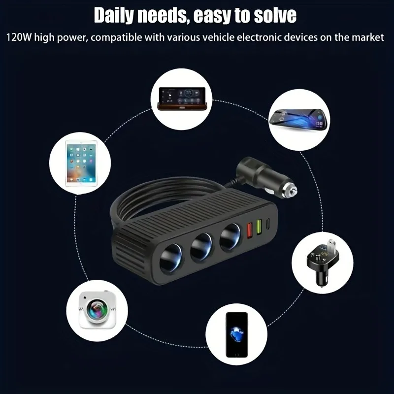 120W USB Car Charger Cigarette Lighter Quick Charge Power Adapter 4 in 1 Multifunctional Socket For iPhone Mobile Phone Charger