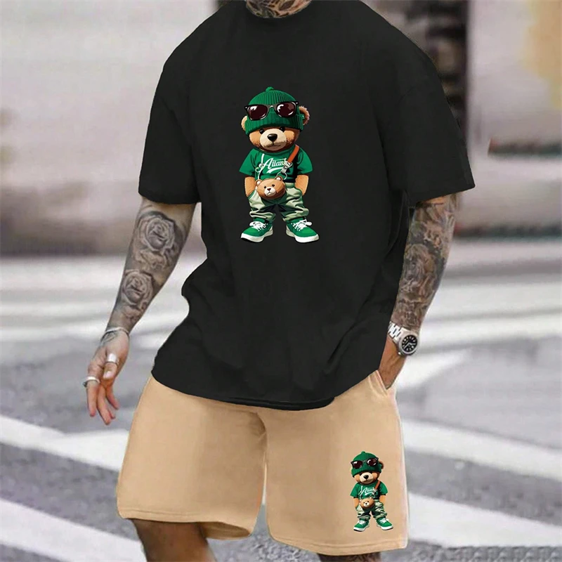 2024 Fun Bear Harajuku T-Shirt Men's Summer Loose Daily Couple Suit Outdoor Street Short Sleeve Shorts Two Piece Men Summer Suit 6