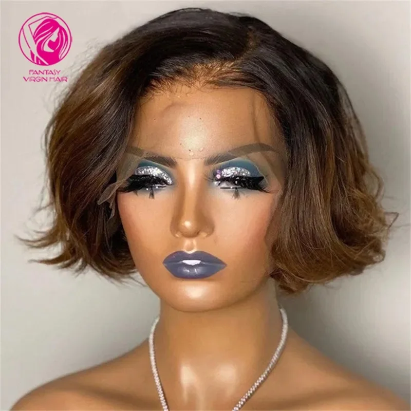 

Ombre Brown Pixie Cut Wig Short Wavy 150% Brazilian 13X4 Lace Front Wig Bob Remy Hair 1B Brown Wigs For Women Human Hair