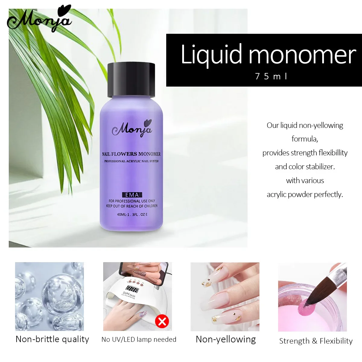 Monja 40ml Acrylic Liquid Monomer Polymer Crystal False Nails Tips Extension Non-Yellowing EMA Bottle Acrylic Manicure Supplies nail acrylic liquid