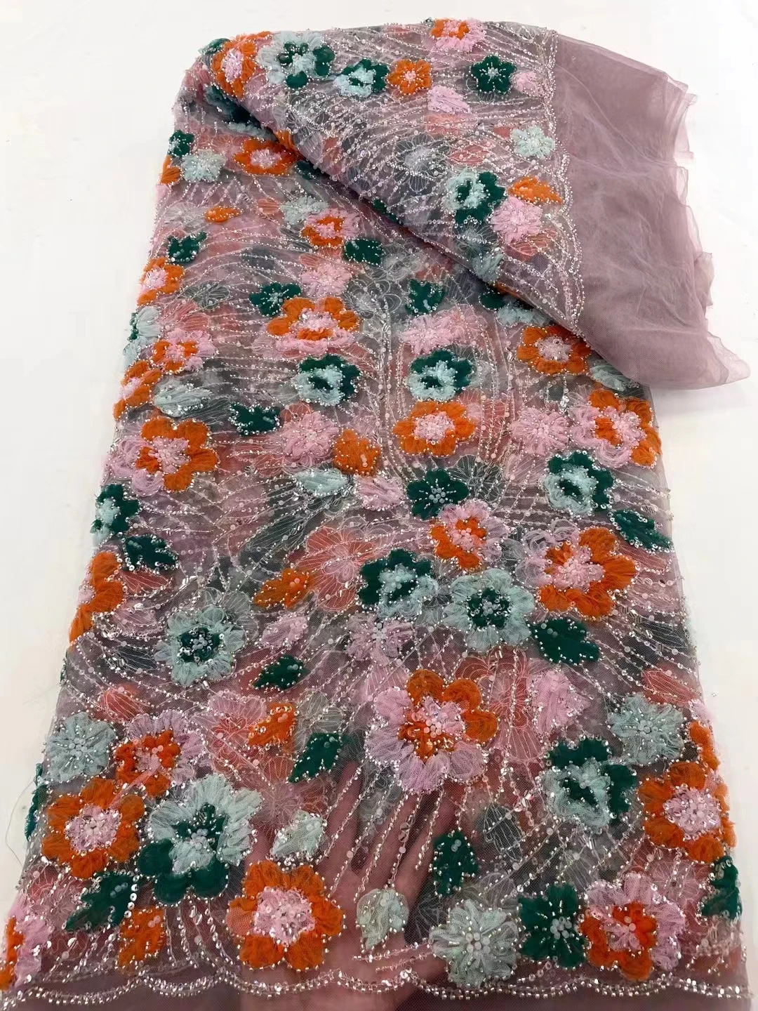 

Роскошная африканская кружевная ткань ручной работы с бисером 2024 Высококачественная французская вышивка нигерийская сетчатая кружевная ткань для шитья Ws