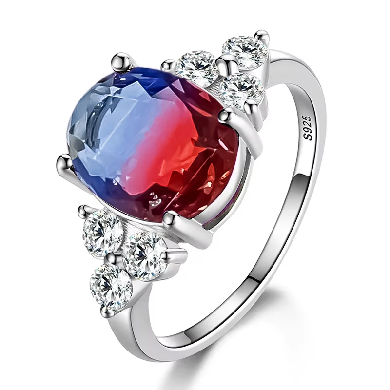 Elegant 925 Sterling Silver Zircon Ring with Multi-Colored Oval Stones – Perfect Fashion Jewelry