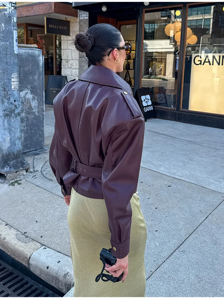 Vintage Damen-Lederjacke, Stehkragen, Tasche, Kurzmantel, Retro-Bund, Reißverschluss, Oberbekleidung, 2025, neue Herbst-Winter-Jungenjacken – Detail 11