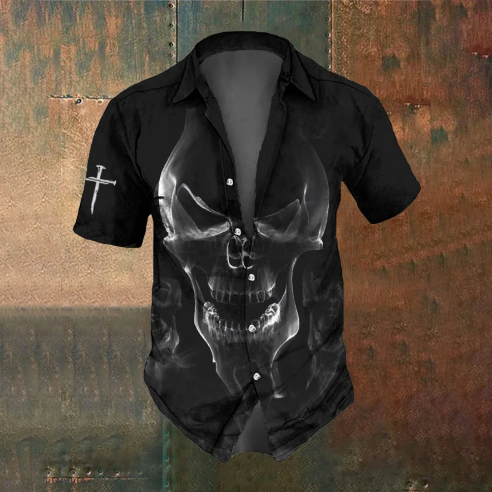 Summer Fashion Skull Cross Pattern Horror Men's Short Sleeved Printed Shirt Street Trend Party Men's Oversized Top SIZE S-5XL 2