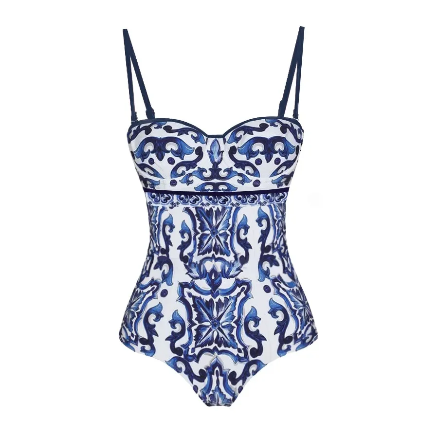 Hot Sale Of The Season One-Piece Swimsuit Blue And White Porcelain Print Women's Set Swimming Costume Monokini Xing Fu Clothing 