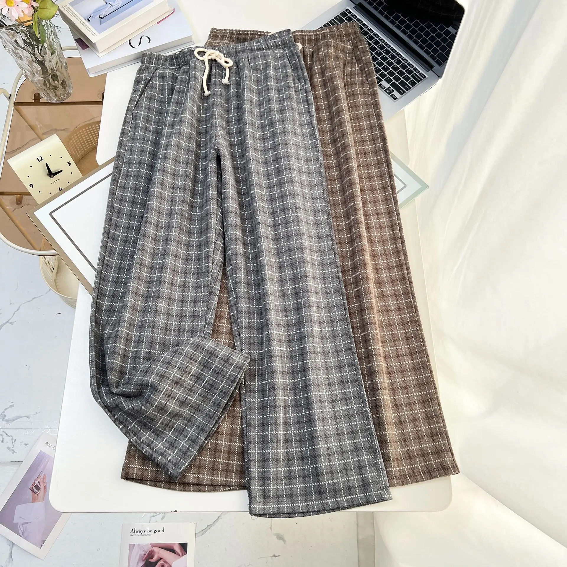 XXXXXL Fashion Plus Size Women's Straight Leg Pants Autumn Winter New Stylish Tweed Casual Woolen Plaid Long Trousers 1737