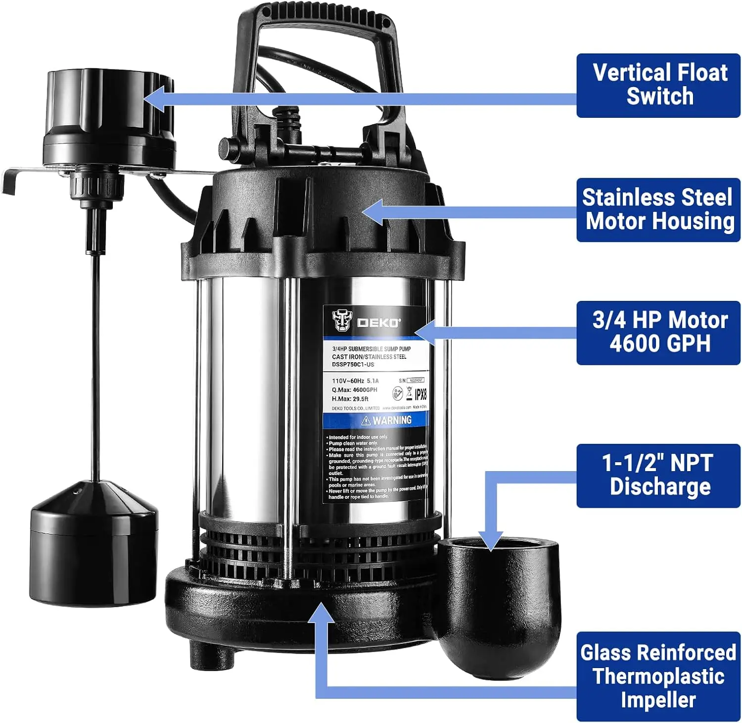 Submersible Cast Iron Sump Pump with Stainless Steel for Basement