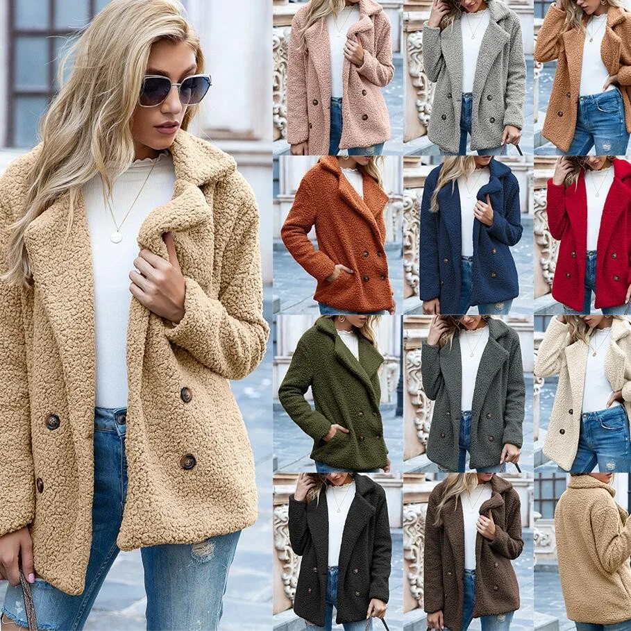 

S-5xl Solid Color Women Winter Spring Loose Warm Coat High Quality Teddy Fleece Button Jacket Female Casual Femme 2021